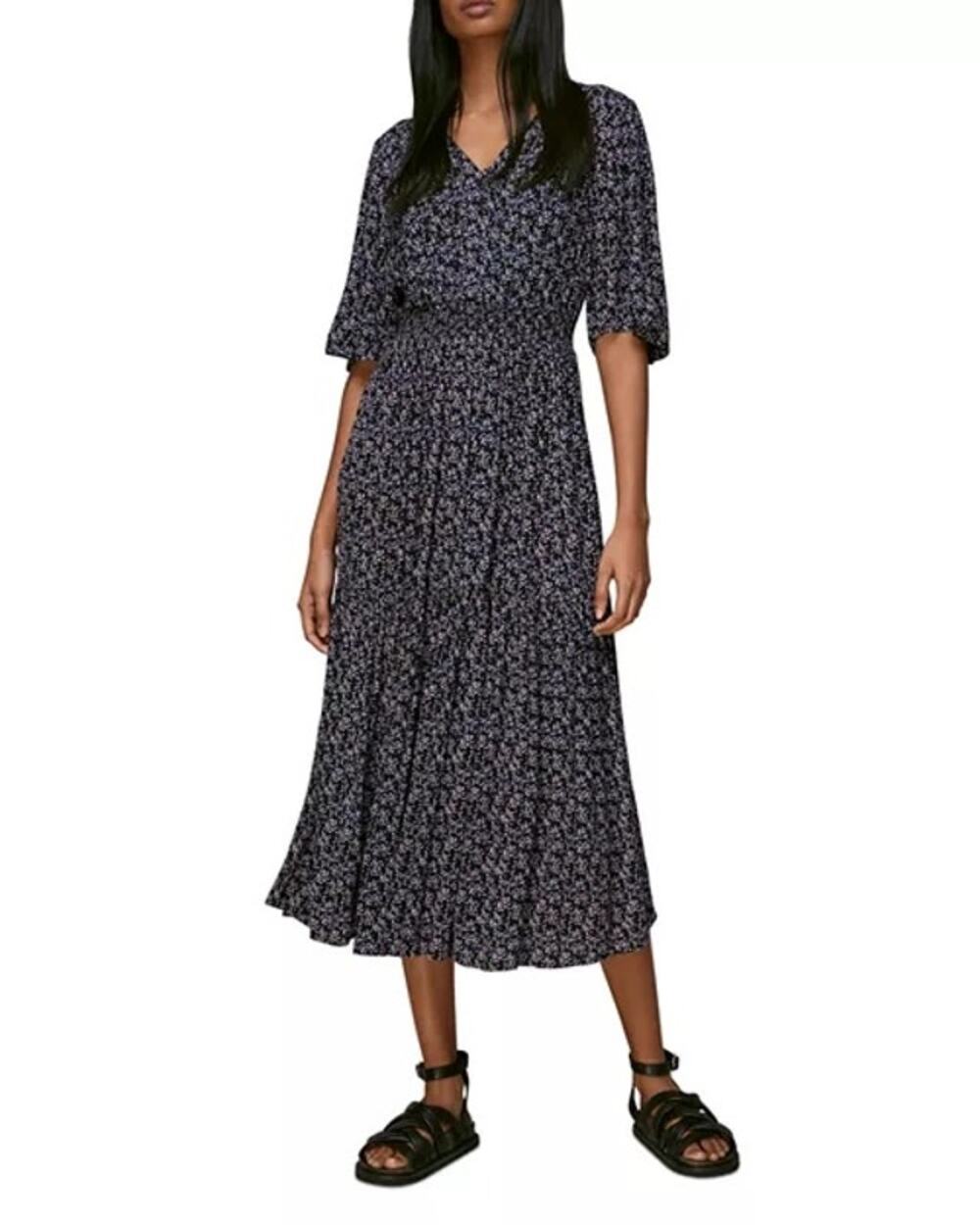 NEW Whistles Kinetic Floral Midi Dress Ditzy Floral Black Purple Womens 2 90s